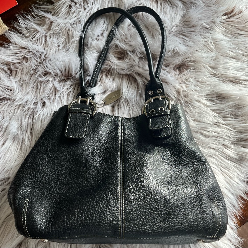 Tignanello -Black Leather Shoulder Purse with Silver-tone Hardware -